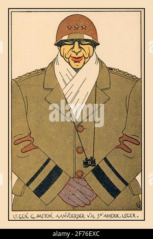 PATTON 1945 Karikatur Cartoon-Stil Porträt von General Patton. George Smith Patton jr. War ein General in der United States Army, der die Siebte United States Army im Mediterranean Theater des Zweiten Weltkriegs und die United States Army Central in Frankreich und Deutschland nach der alliierten Invasion in der Normandie im Juni 1944 befehligte. Stockfoto