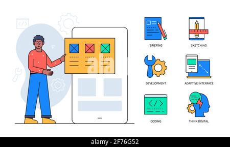Web-Entwicklung - Bunte flache Design-Stil Poster mit thematischen Symbolen. Eine Komposition mit einem Programmierer, der eine Webseite hält. Briefing, Skizzieren, Anpassen Stock Vektor
