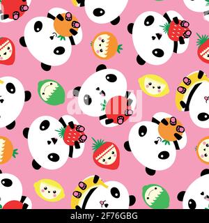 Kawaii Panda und Frucht nahtlose Vektor-Muster Hintergrund. Cartoon-Bären und lachende Figur Obst auf rosa Hintergrund verstreut. Witziges Design mit niedlich Stock Vektor