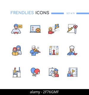 Aktivitäten für Kinder - modernes Liniendesign Stil Ikonen gesetzt. Freizeit und Unterhaltung, Hobby, Sport und Kunstidee. Lernen und spielen, nach dem Schulprogramm, Stock Vektor