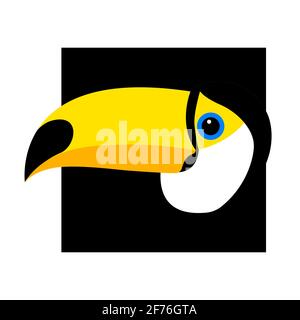 Kopf eines exotischen Tukan-Vogels mit schwarzem Hintergrund. Bunte Vektor isolierte Illustration über Tiere für Emblem oder Logo. Stock Vektor