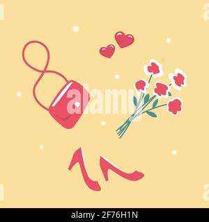 Romantische Illustration einer Reihe weiblicher Dinge. Damenhandtasche, Schuhe mit hohem Absatz, ein Blumenstrauß und Herzen. Vektorgrafik flach Stock Vektor