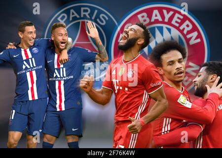 Fotomontage; Vorschau auf das Champions-League-Viertelfinale des FC Bayern München-Paris Saint Germain am 7. April 2021. Paris Saint Germain mit Angel DI MARIA (PSG) und NEYMAR (PSG) treffen auf den FC Bayern mit Eric Maxim Choupo-Moting (FC Bayern München), Leroy SANE (FC Bayern München) und Serge GNABRY (FC Bayern München). Fußball Champions League, FOTO: Frank Hoermann/SVEN SIMON/Pool Sven Simon Fotoagentur GmbH & Co. Pressefoto KG # Prinzessin-Luise-Str. 41 # 45479 M uelheim/R uhr # Tel 0208/9413250 # Fax. 0208/9413260 # GLS Bank # BLZ 430 609 67 # Konto 4030 025 100 # IBAN DE75 4306 0967 4030 02 Stockfoto