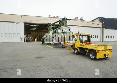 Der Hubschrauber 4 der schwedischen Luftwaffe, HKP 4, Boeing Vertol 107, wird aus dem Hangar des Marinestützpunktes Berga ausgerollt. HKP 4 wurde bei U-Boot-Jagden und Rettungseinsätzen wie der Estonia-Katastrophe eingesetzt. Stockfoto