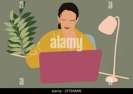 Hübsche Frau mit Pflanzenblättern hinter der Arbeit am Laptop im Heimbüro. Fernarbeiten. Vektorgrafik. Stock Vektor