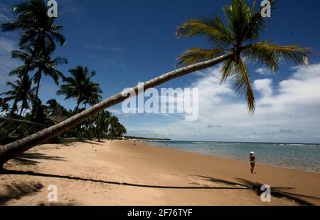 marau, bahia / brasilien - 27. dezember 2011: Die Person wird neben Kokospalmen am Strand von Taipu de Fora, im Stadtteil Barra Grande, in gesehen Stockfoto