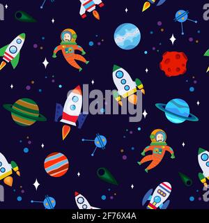 Vektor Nahtloses Muster mit Raketen, Kometen, Planeten und Astronaut. Vektorgrafik. Stock Vektor