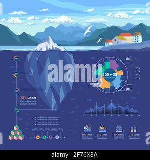 Eisberg schwimmend in Fjord. Infografik Unterwasser und flache Elemente mit Polygonal-Eisberg, Grafiken, Icons und mehr. Stock Vektor