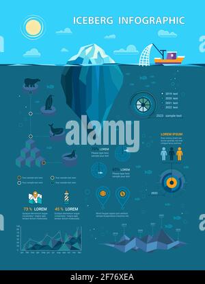 Vektor-Iceberg-Infografiken im flachen Stil. Enthalten sind Elemente wie Grafiken, Symbole und mehr. Unterwasser-Infografiken Stock Vektor