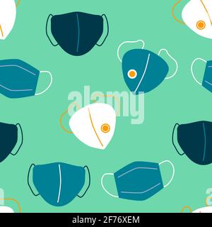 Nahtloses Muster der medizinischen Maske und Atemschutzmasken mit Hintergrund. Virus, Coronavirus, Grippe, Erkältungen, Schutz vor Krankheiten. Coronavirus-Pandemie. Covid-1 Stock Vektor