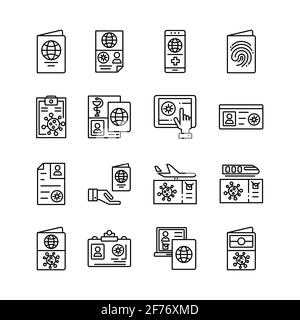 Sammlungssymbole für Immunity to Virus Passport, Certificate Pass, Immune Certificate for Travel and Work. Stock Vektor