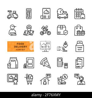 Set der Lebensmittelzustellung. Enthält Symbole wie „Delivery man“, „Fast Food“, „Contactless Delivery“, „Order Tracking“. Einfache Vektorgrafik Liniensymbole. Stock Vektor