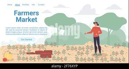 Flacher Cartoon Landwirt Charakter wächst Pflanzen, Vektor Landing Page Konzept Stock Vektor