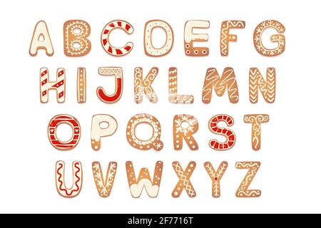 Weihnachten Lebkuchen-Cookies-Alphabet. Biscuit-Buchstaben für Weihnachtsbotschaften und Design. Vektor-Figuren mit Zucker Dekorationen. Stock Vektor