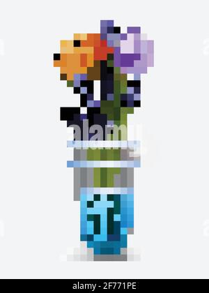 3D-Illustration einer Glasvase mit orangefarbener rosa violetter Tulpe Und Lavendel Blumen Über Weißem Hintergrund Mit Linse Fackeln Stock Vektor