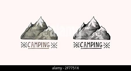 Emblem der Berggipfel. Gravierte Vintage, handgezeichnet, alt, Etikett oder Abzeichen für Camping, Wandern, Jagd-Logo, von Süden nach Norden. Stock Vektor