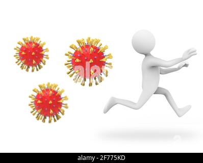 3D-Illustration eines Zeichentrickfilms, der vor Viren läuft - Corona-Virus jagt den Menschen Stockfoto