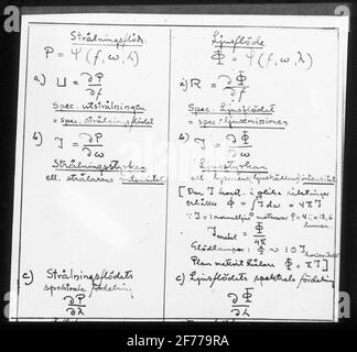 Skiopticon-Bild aus der Abteilung für Fotografie am Royal Institute of Technology. Verwendung durch Professor Helmer Bäckström als Vorlesungsmaterial. Bäckström war von 1948 bis 1958 Schwedens erster Professor für Fotografie am Royal Institute of Technology in Stockholm. Beschreibung des Strahlungsflusses/Lichtflusses. Stockfoto