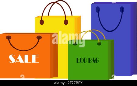 Ein Satz recycelbarer Einkaufstaschen. Umweltfreundliche Papiertaschen zum Einkaufen. Stock Vektor