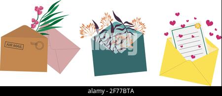 Set von Briefumschlägen mit Blumen und Briefen. Stock Vektor