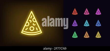 Neon-Pizza-Slice-Symbol. Leuchtende Neon Pizza Schild, Umriss Silhouette in lebendigen Farben. Food Court Logo für Pizzeria, Schild, Werbepictogramm. Stock Vektor