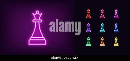 Neon-Schachfiguren-Queen-Ikone. Leuchtende Neon Königin Zeichen, umreißen Schachstück, Silhouette in lebendigen Farben. Online-Schachspiel, Strategietaktik auf Schachbrett, Stock Vektor