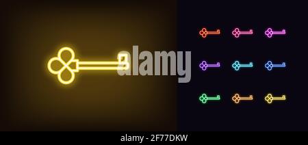 Neonschlüssel-Symbol. Leuchtendes Neon-Schlüsselschild, umreißen magische Anhaltspunkt, Silhouette in lebendigen Farben. Goldene Skelett Schlüssel, Fee Meister Latchkey, magische Quest Zimmer, se Stock Vektor