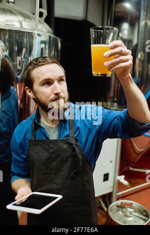 Junger bärtiger Braumeister hält ein Glas Bier und bewertet Seine optischen Eigenschaften bei der Arbeit in der Bierfabrik Stockfoto