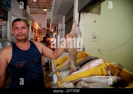 salvador, bahia/brasilien - 6. November 2019: Roberto Silva,46, ein Händler auf der Messe São Joaquim in Salvador (BA), beschwert sich, dass er Fi nicht verkaufen kann Stockfoto