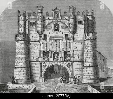 Spanien, Burgos. Bogen von Santa Maria. Es wurde im 14. Jahrhundert als Tor und Turm in der Stadtmauer erbaut. Umgebaut im 16. Jahrhundert von Juan de Vallejo und Francisco de Colonia als Triumphbogen gewidmet Kaiser Karl V. Illustration von Letre. Gravur von Sierra. Crónica General de España, Historia Ilustrada y Descriptiva de sus Provincias. Castilla-La Vieja, 1870. Stockfoto