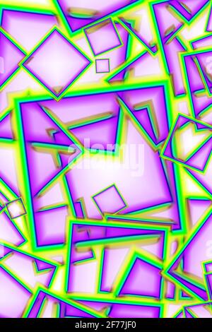 Chaotisches geometrisches quadratisches Rahmenmuster in fruchtigem Lila und hell Gelbgrün Stockfoto