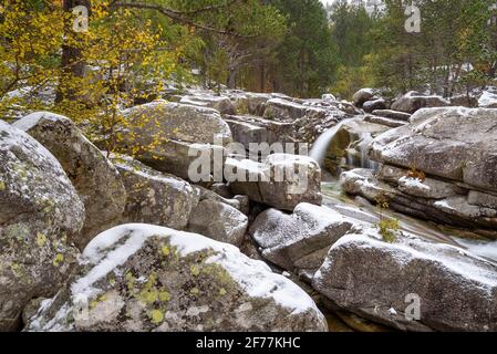 Der Fluss Noguera de Tor, im oberen Teil des Boí-Tals, zwischen Caldes de Boí und dem Stausee Cavallers an einem verschneiten Herbsttag (Pyrenäen) Stockfoto