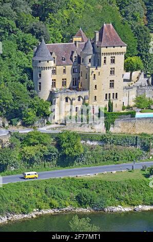 Frankreich, Aquitanien, Dordogne ( 24 ), Schwarzes Périgord, zertifiziert Roque-Gageac die schönsten Dörfer Frankreichs, das Schloss von Malartrie (Luftaufnahme) Stockfoto