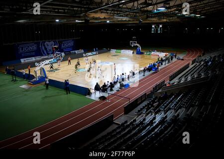 Karlsruhe, Deutschland. April 2021. Übersicht Europahalle. GES/Basketball/ProA: PSK Lions - Gladiators Trier, 04/05/2021 - zur weltweiten Nutzung Quelle: dpa/Alamy Live News Stockfoto