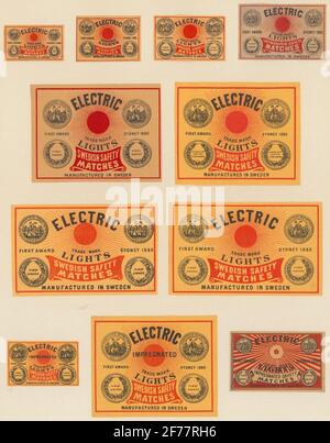 Streichholzschachtel-Etiketten, aus dem schwedischen Industrie- und Handelsmuseum.Elektrizität. Stockfoto