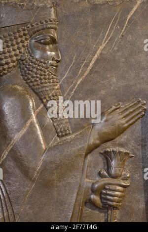 Iran, Teheran, Nationalmuseum, zentrales Relief der Apadana Nordtreppe (Persepolis), Kronprinz nach Kaiser Xerxes Stockfoto