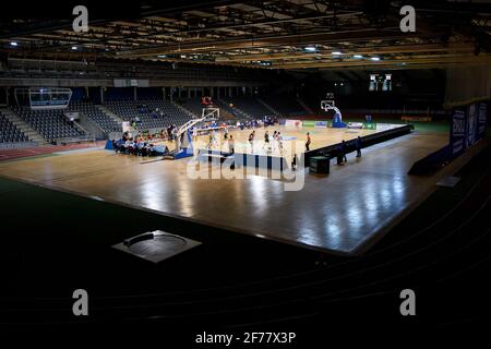 Karlsruhe, Deutschland. April 2021. Übersicht Europahalle. GES/Basketball/ProA: PSK Lions - Gladiators Trier, 04/05/2021 - zur weltweiten Nutzung Quelle: dpa/Alamy Live News Stockfoto