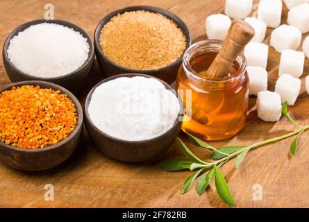 Verschiedene Süßstoffe - Zucker, Steviablätter, Pollen und Honig. Stockfoto