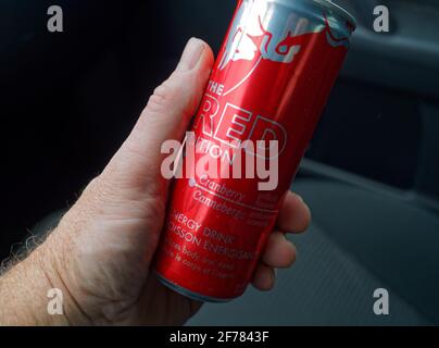 Eine Dose Red Bull Energy Drink, Red Edition. Quebec, Kanada Stockfoto
