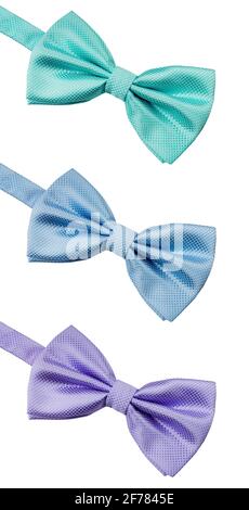 Drei Seidenbogenbindern isoliert auf weißem Hintergrund. Herren Accessoires für die Hochzeitszeremonie Stockfoto