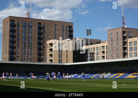 LONDON, GROSSBRITANNIEN. 5. APRIL: Plough Lane im Rahmen des Sky Bet League 1-Spiels zwischen AFC Wimbledon und Fleetwood Town in Plough Lane, Wimbledon, London am Montag, 5. April 2021. (Quelle: Federico Maranesi) Quelle: MI News & Sport /Alamy Live News Stockfoto