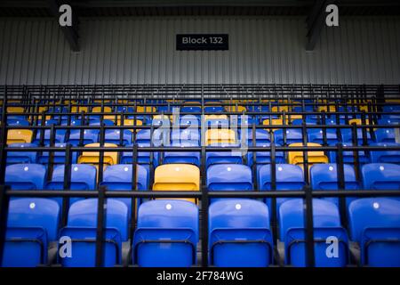 LONDON, GROSSBRITANNIEN. 5. APRIL: Plough Lane im Rahmen des Sky Bet League 1-Spiels zwischen AFC Wimbledon und Fleetwood Town in Plough Lane, Wimbledon, London am Montag, 5. April 2021. (Quelle: Federico Maranesi) Quelle: MI News & Sport /Alamy Live News Stockfoto