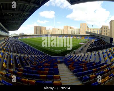 LONDON, GROSSBRITANNIEN. 5. APRIL: Plough Lane im Rahmen des Sky Bet League 1-Spiels zwischen AFC Wimbledon und Fleetwood Town in Plough Lane, Wimbledon, London am Montag, 5. April 2021. (Quelle: Federico Maranesi) Quelle: MI News & Sport /Alamy Live News Stockfoto