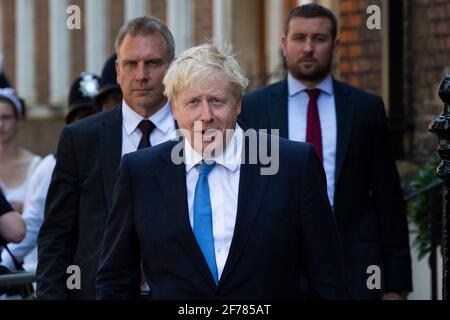 23/07/2019. London, Großbritannien. Boris Johnson, der Kandidat der konservativen Parteiführung, verlässt eine Adresse in Westminster. Er scheidet aus, nachdem er den Führungswettbewerb der Konservativen gewonnen hat. Bildnachweis: George Cracknell Wright Stockfoto