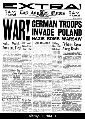 1930ER JAHRE DIE LOS ANGELES TIMES ZEITUNG 1. SEPTEMBER 1939 SCHLAGZEILEN KRIEG DEUTSCHE TRUPPEN DRINGEN IN POLEN EIN NAZIS BOMBARDIEREN WARSCHAU CA USA - ASP H1089 ASP001 HARS DRINGEN IN DIE NAZIS WARSCHAU EIN UND BEGINNEN SCHWARZ WEISSES LOS ANGELES ALTMODISCH Stockfoto