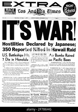 1940ER JAHRE DIE LOS ANGELES TIMES ZEITUNG DEZEMBER 8 1941 SCHLAGZEILEN SEIN KRIEGSJAPANER BOMBARDIERTE PEARL HARBOR LOS ANGELES CA USA - ASP H1090 ASP001 HARS SEINE POLITIK DEZEMBER EXTRA STILLLEBEN VIERTER NACHLASSWELTKRIEG 2 1941 BEGINN SCHWARZ-WEISS DEZEMBER 7 INFAMY LOS ANGELES ALTMODISCH Stockfoto