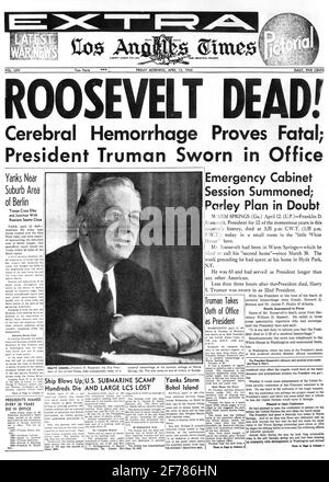 1940ER JAHRE SCHLAGZEILE DER ZEITUNG LOS ANGELES TIMES VOM 13 1945. APRIL ROOSEVELT TOT HIRNBLUTUNG BEWEIST TÖDLICH CA USA - ASP H1092 ASP001 HARS ALTMODISCH Stockfoto