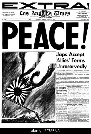 1940ER JAHRE SCHLAGZEILE DER ZEITUNG LOS ANGELES TIMES VOM 15 1945. AUGUST PEACE JAPS AKZEPTIEREN UNEINGESCHRÄNKT DIE BEDINGUNGEN DER VERBÜNDETEN CA USA - ASP H1094 ASP001 HARS AKZEPTIEREN WAFFENSTILLSTANDSÜBERGABE BEDINGUNGEN VERBÜNDETE AUGUST SCHWARZ UND WEISSES ENDE ALTMODISCH Stockfoto