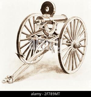 1880ER-JAHRE-ZEICHNUNG EINES GATLING-MASCHINENGEWEHRS DER US-ARMEE ARTILLERIE-ARTILLERIESSTÜCK BEREIT FÜR ACTION MIT ACCLES-VORSCHUBTROMMEL MAGAZIN - KH13539 NAW001 HARS LÖSUNGEN ARTILLERIE SCHWARZ UND WEISS ALTMODISCH ERFUNDEN Stockfoto