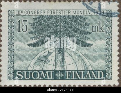 Stempel der Gösta Bodman's Philatelist's Motivsammlung, begann 1950.die Briefmarke aus Finnland, 1949. Bewegungen von stilisierter Fichte vor dem Globus mit Finnland-Karte. Propaganda für 3-DJE Internat. Forest Congress in Helsinki 10-20 July 1949“. Stockfoto
